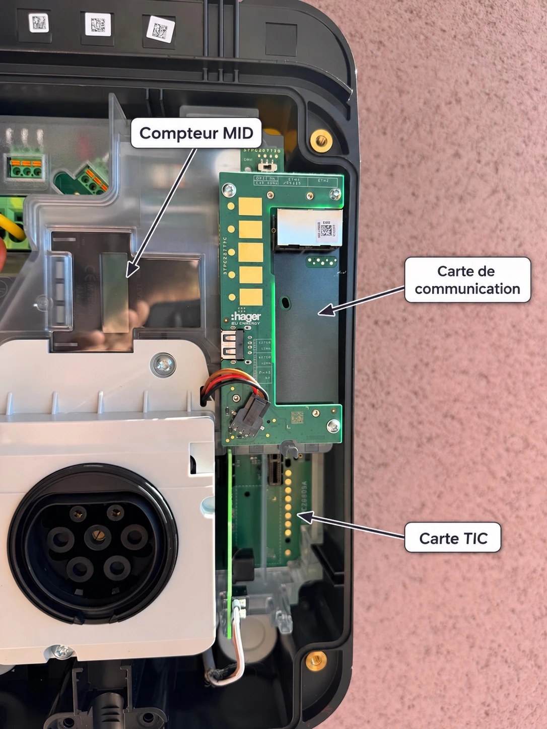 Intérieur d’une borne Hager avec repérage du compteur MID, de la carte de communication et de la carte TIC